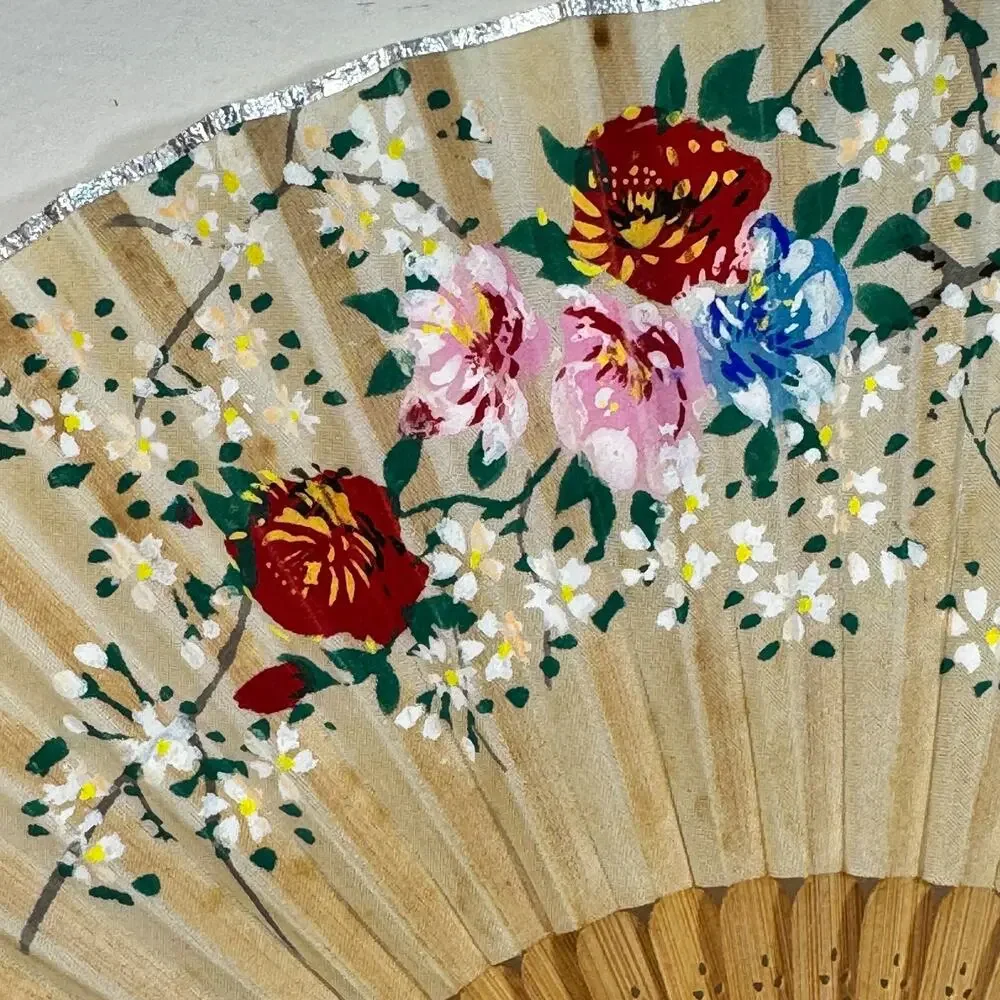 Vintage Japanese Folding Hand Fan Hand Painted Floral Bamboo Silver Trim Wall
